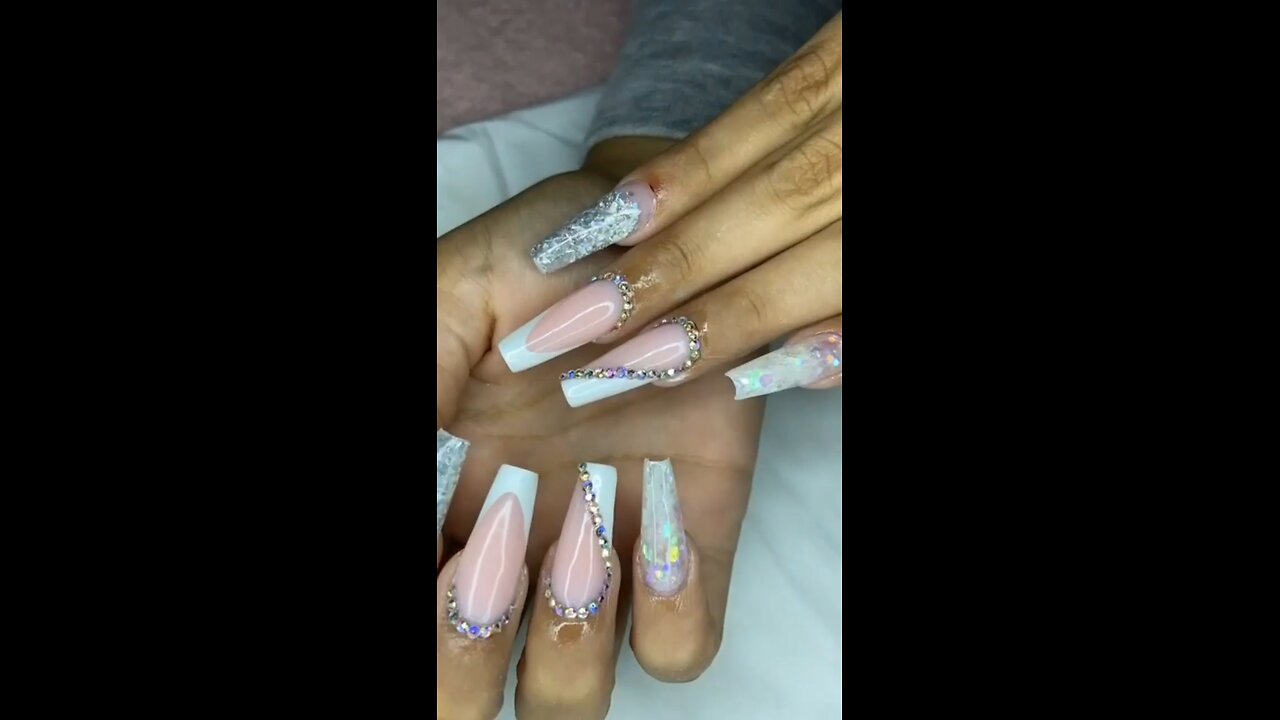 Elegant Pink & White Nails 💅 | Medium Nails with Stone Art Design