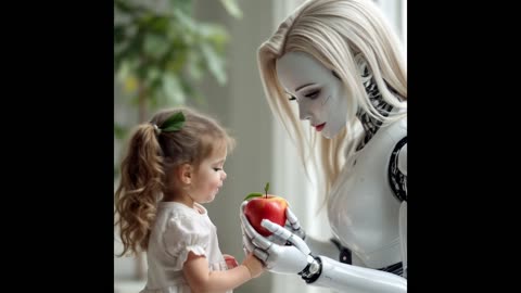 A robot, a girl and an apple