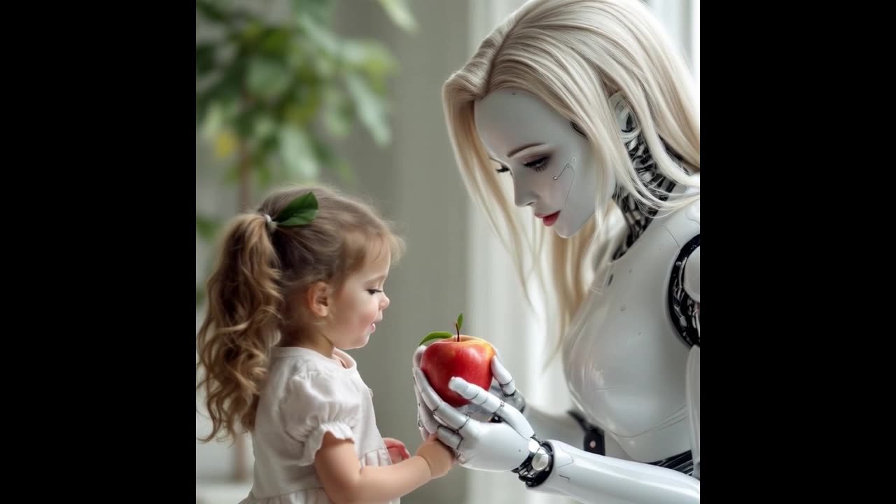 A robot, a girl and an apple