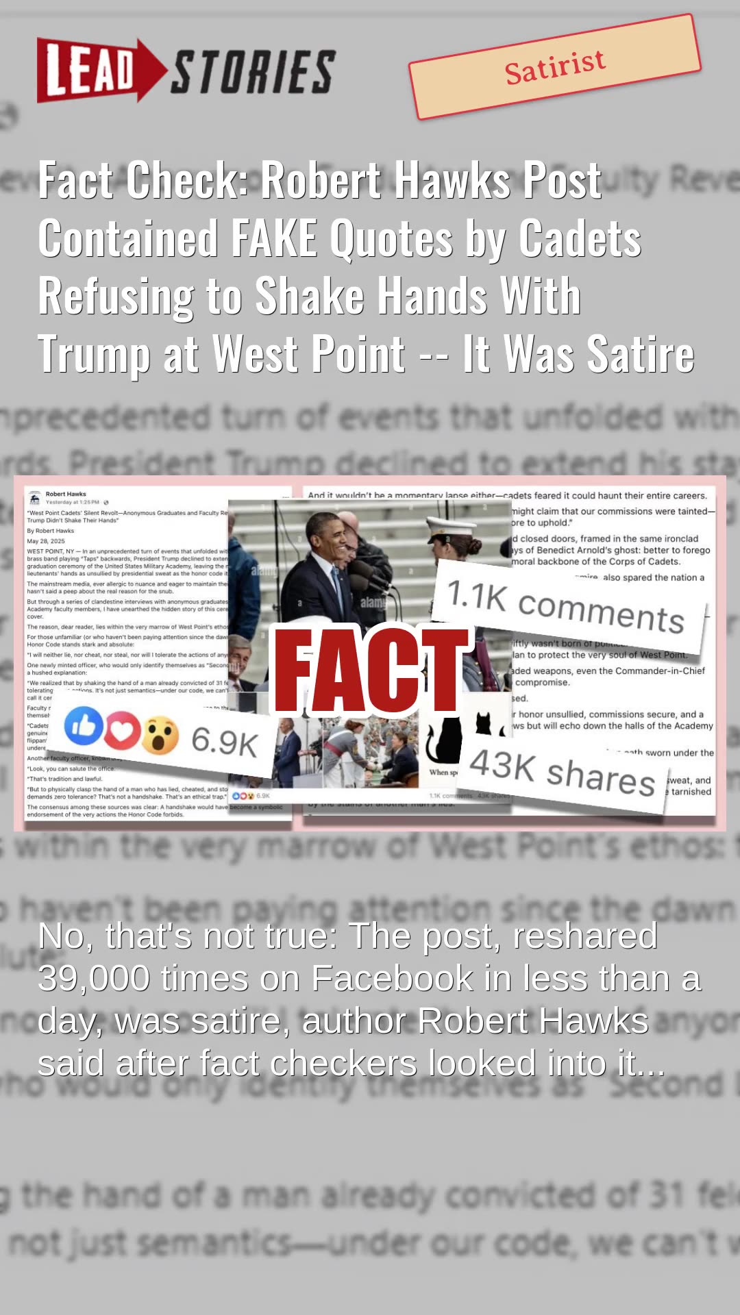 Fact Check: Robert Hawks Post About West Point Cadets Refusing to Shake Hands With Trump Was Satire