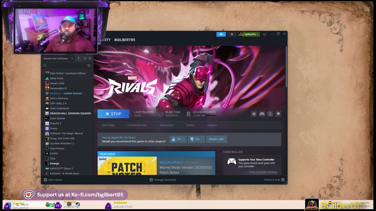 Bible reading, gaming, then close w/ prayer