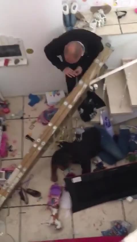 Chandelier, Ladder, Man all crash and fall. Epic Fail.