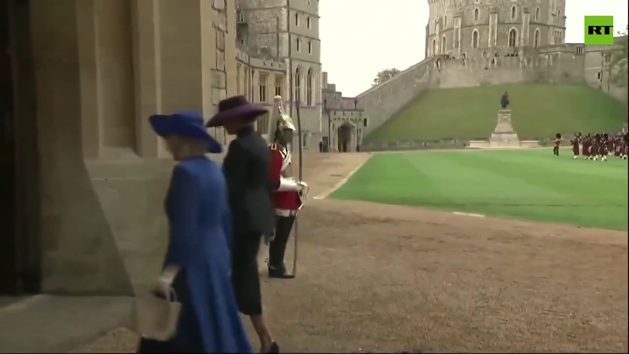 Donald Trump and King Charles III together with their Majesties walking into Windsor Castle
