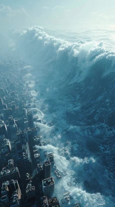 a massive tsunami taking out a city in