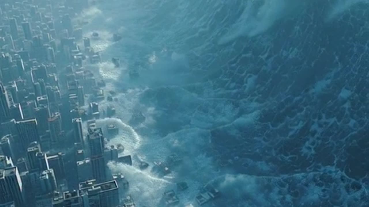 a massive tsunami taking out a city in