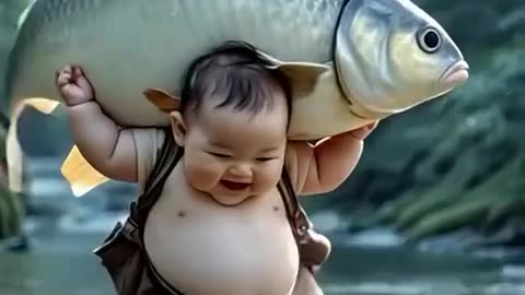 A baby enjoy with big fish