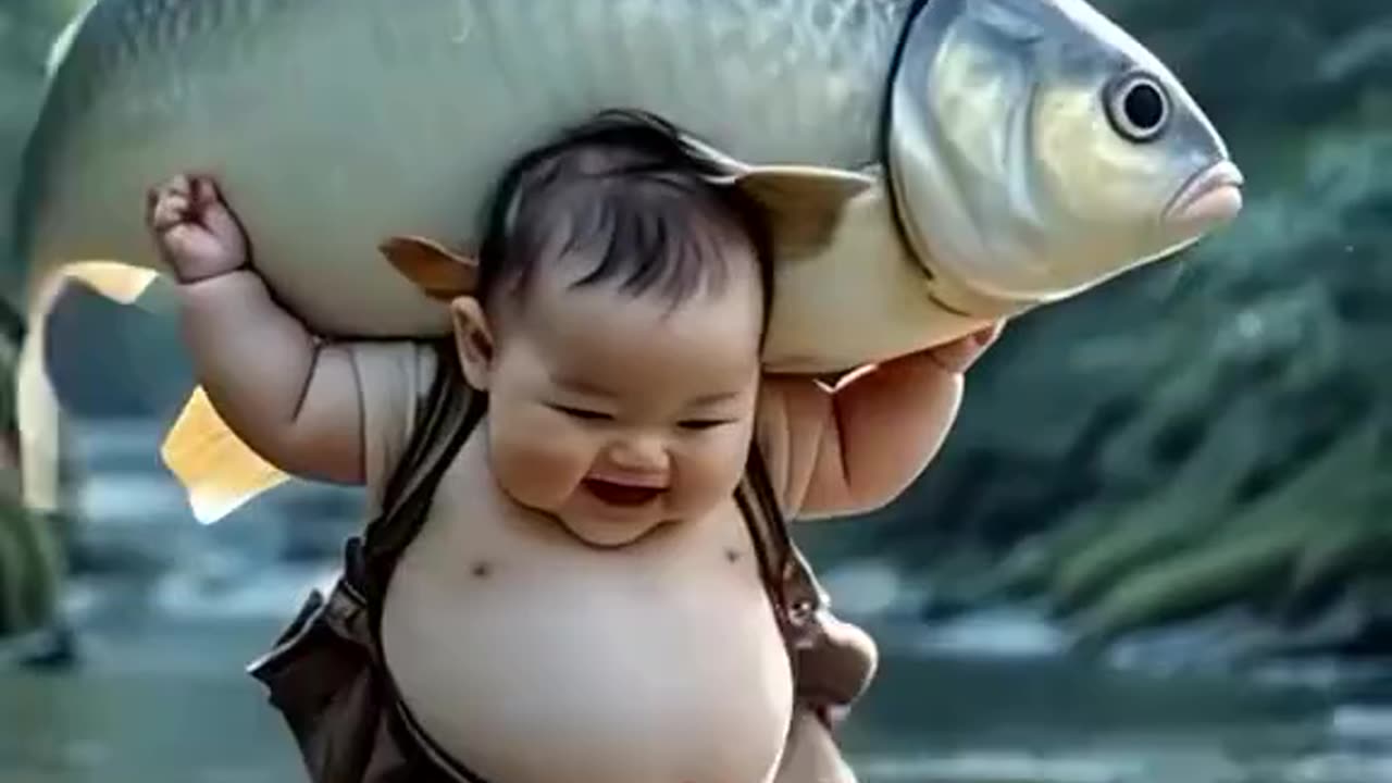 A baby enjoy with big fish