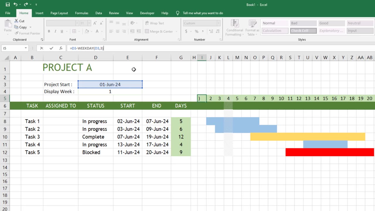 Gantt Chart Manage a Project in Excel
