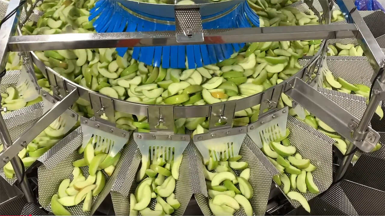 High Tek USA’s 20 Head Weigher - Sliced Apples 2oz, 5oz, & 40oz - W/ Syntegon’s SVE-3220 DZ