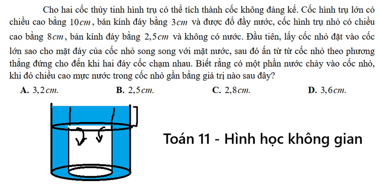 Toán 11: Cho hai cốc thủy tinh hình trụ có thể tích thành cốc không đáng kể. Cốc hình trụ lớn có
