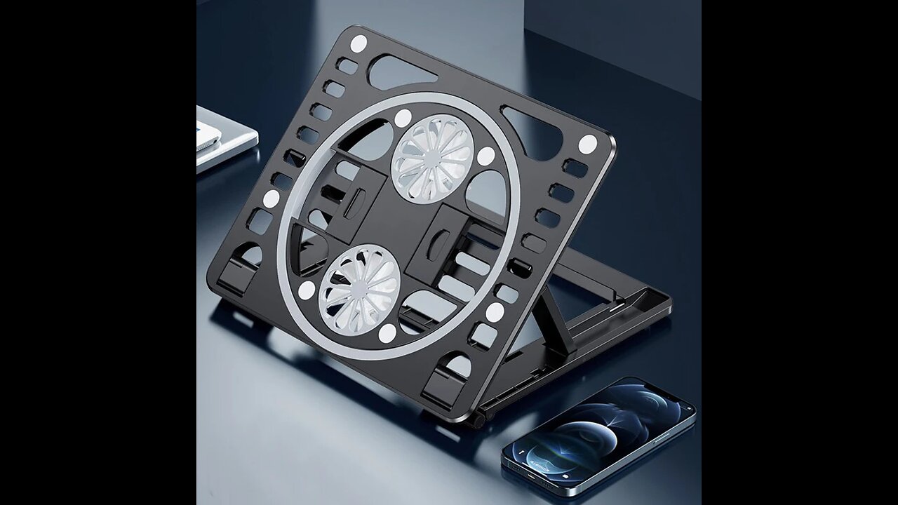 Adjustable Laptop Stand with Cooling Fan, Rotatable Phone Clip, for Laptop, Tablet, Phone & Book