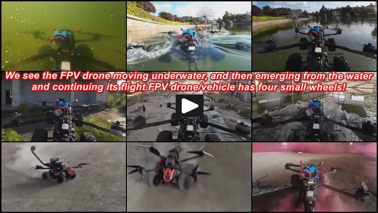 Russian unmanned aerial FPV drone action in water on land and in the air