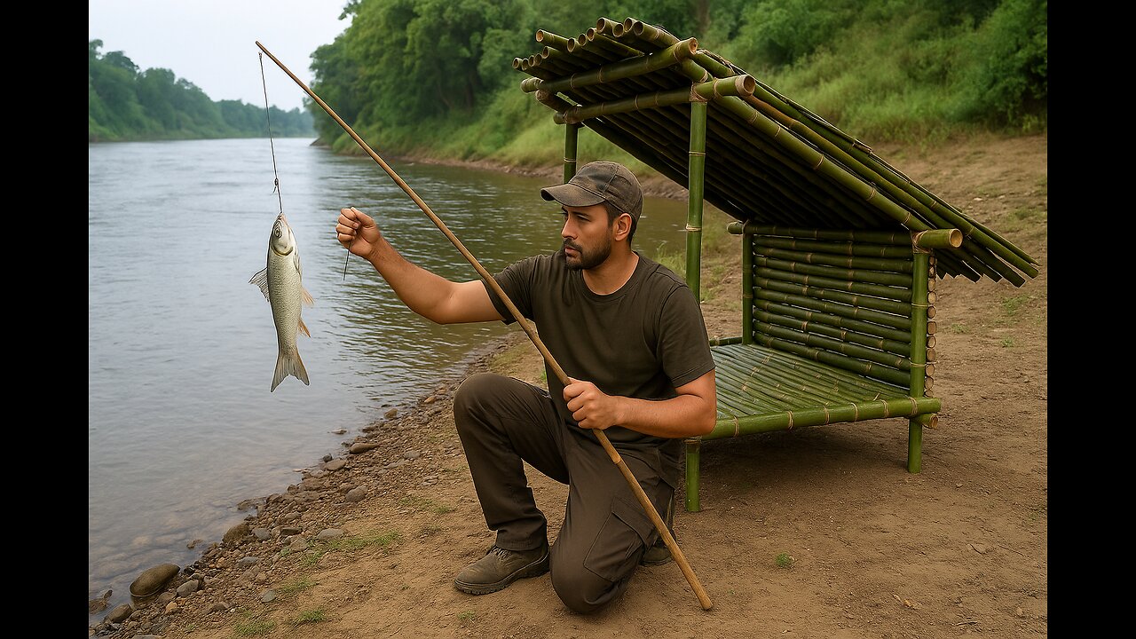 Build a sturdy bamboo shelter next to a big river - Bushcraft survival and catching fish
