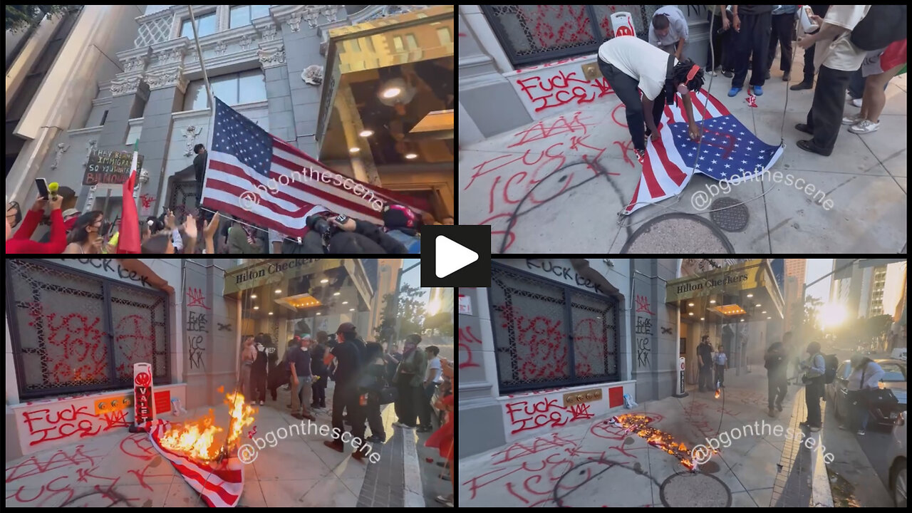 Downtown Los Angeles: Protesters they take off and burn an American flag