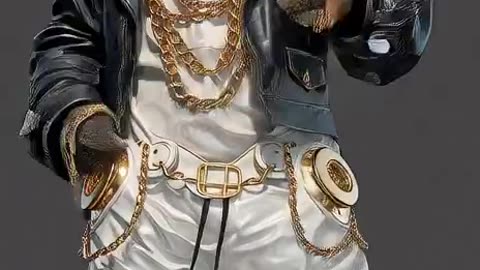 Bear dressed with gold chains a leather jacket with white bootleg pants