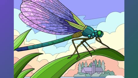Detailed Illustration of a Dragonfly Perched on a Leaf by a Serene Lake