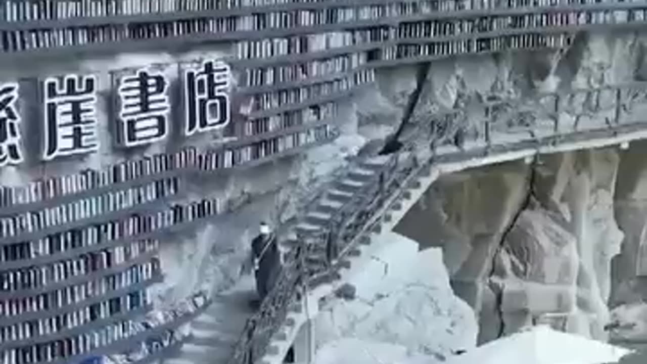 China's bookstore on ancient rock face overlooking sinkhole