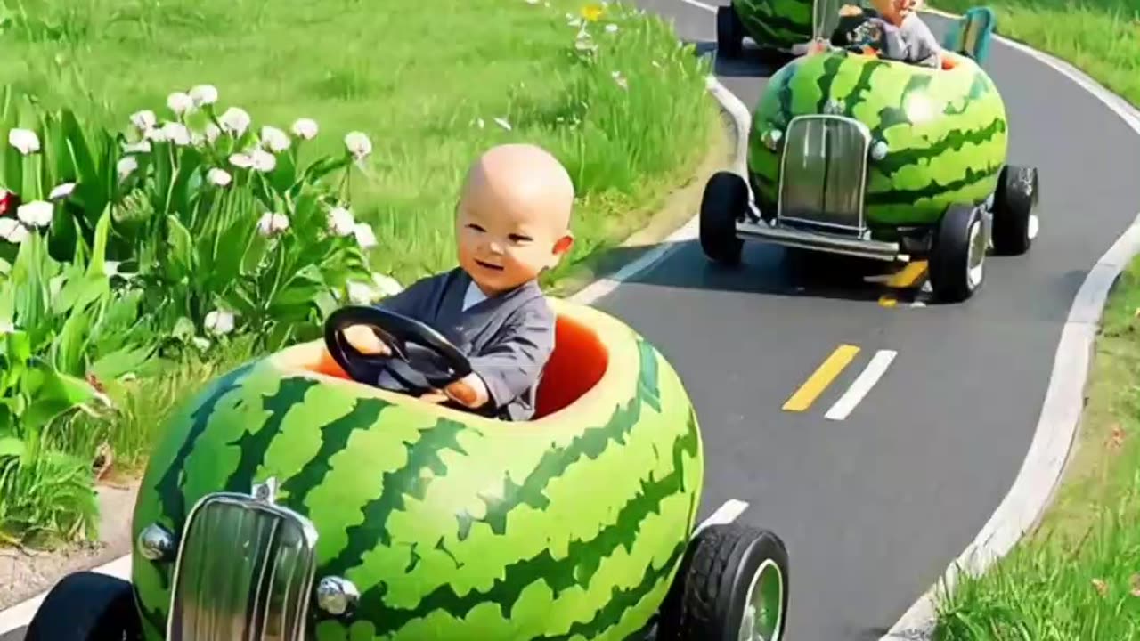The red hen chases the watermelon car.