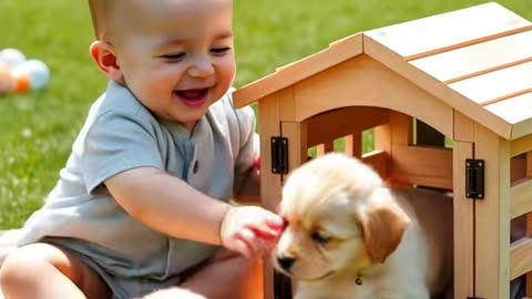Cute baby playing with a dog