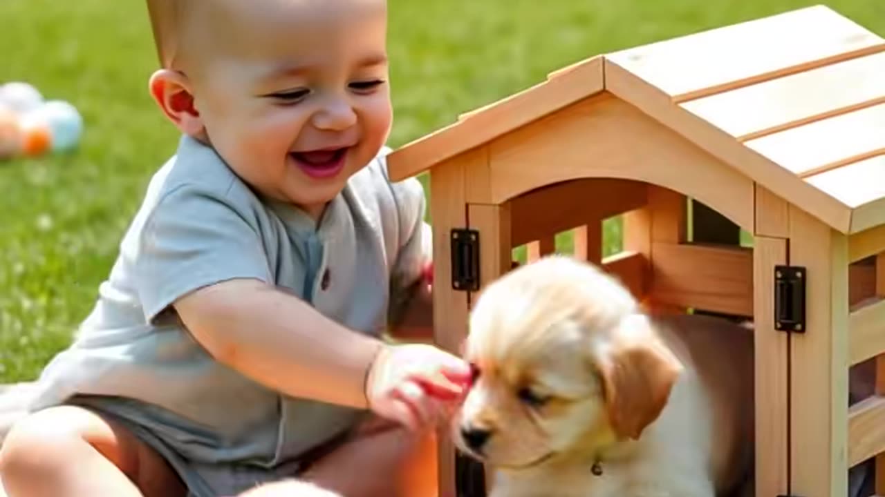 Cute baby playing with a dog
