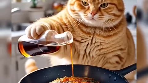 A fat orange cat cooks fish