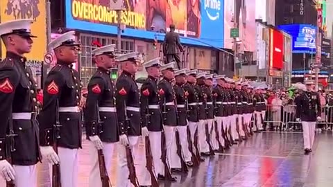 U.S. Marine Corps Silent Drill Platoon performance in Times Square for Fleet Week New York City