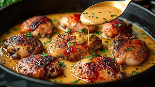 Fried chicken thighs in a pan. Try it, it's incredibly delicious and easy.
