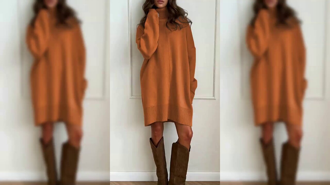 Solid Color Turtleneck Drop Shoulder Loose Sweater Dress