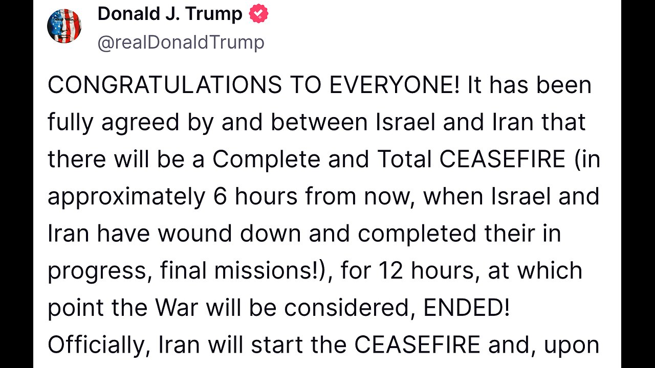 @realDonaldTrump Israel, Iran War to End in 12 Hours