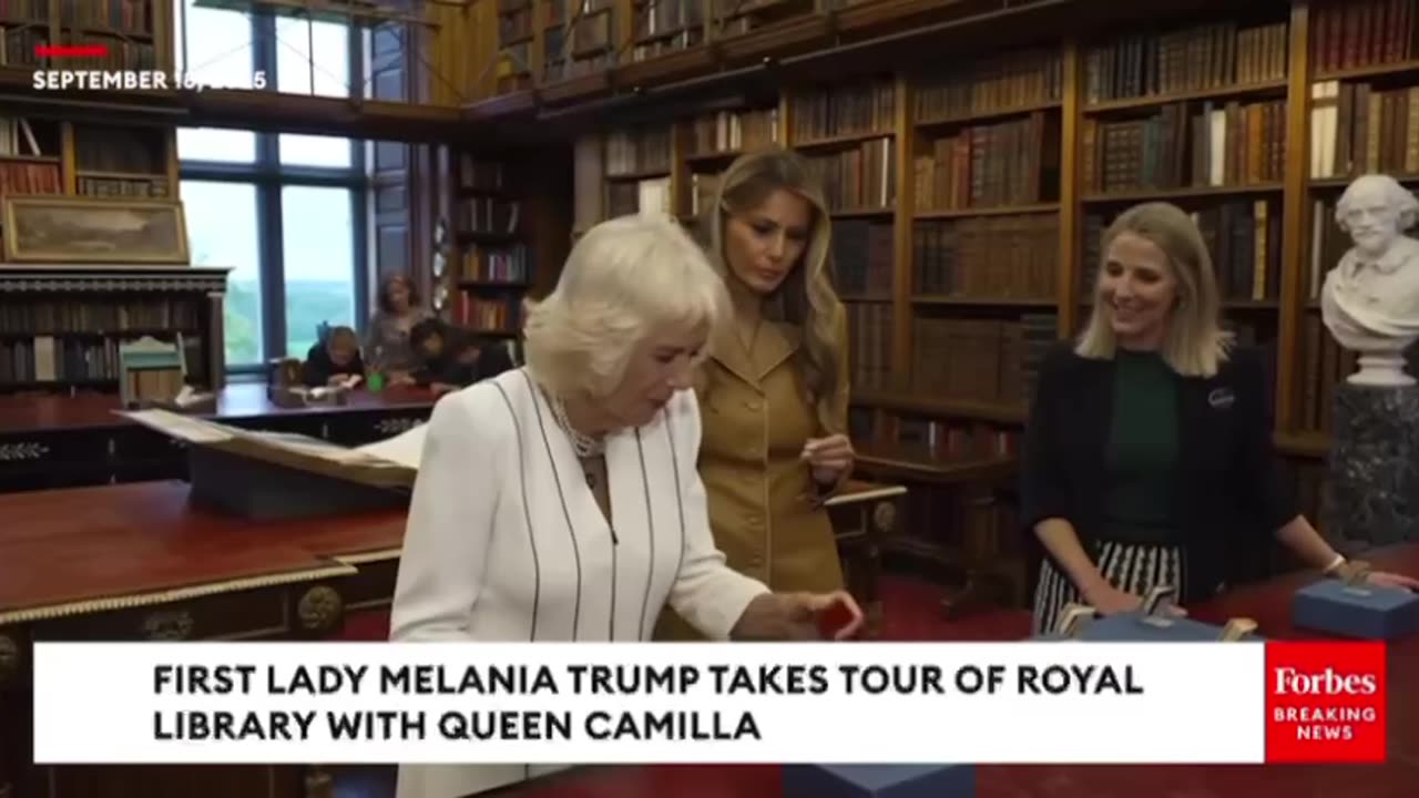 First Lady Melania Trump takes a tour of the Royal Library with Queen Camilla.