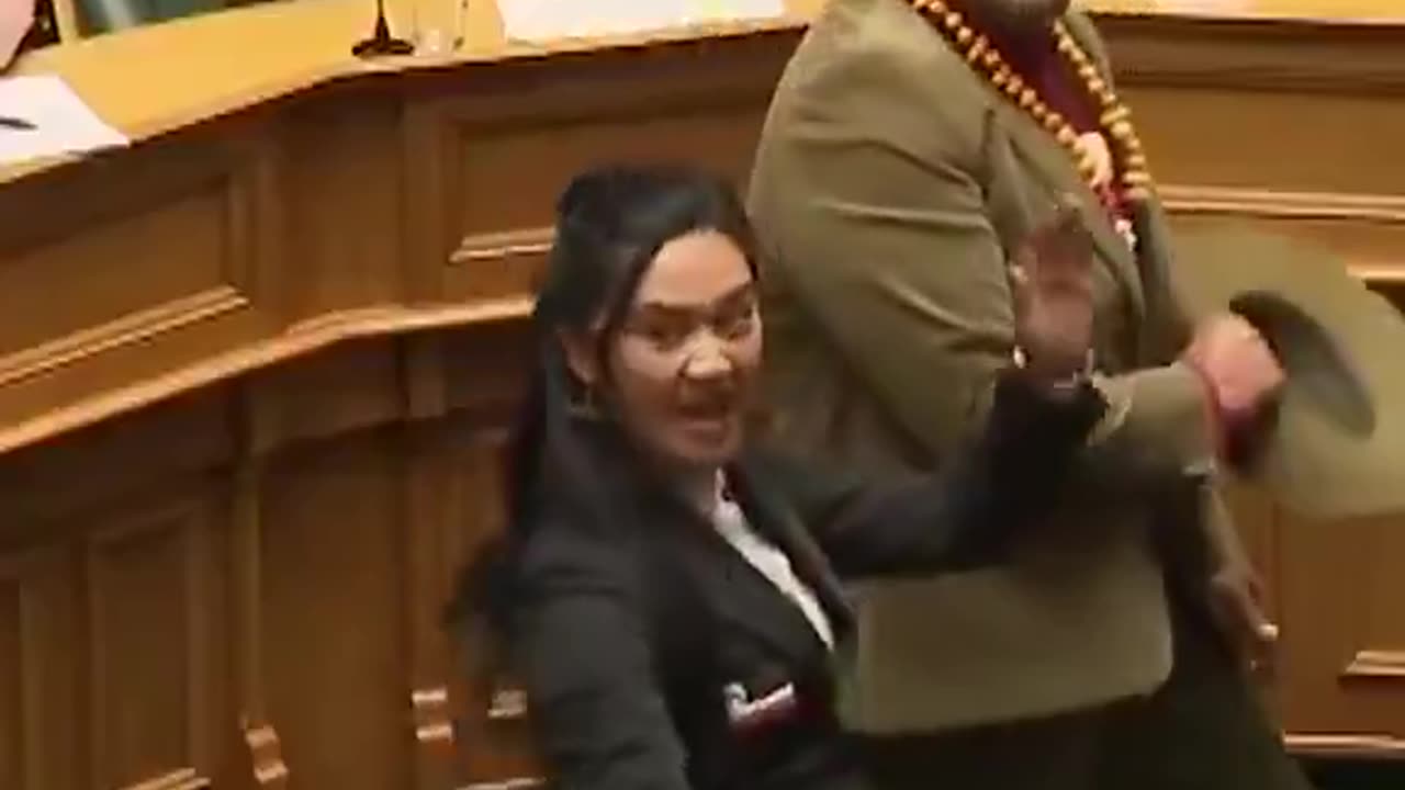 This is Hana-Rāwhiti Maipi-Clarke a New Zealand MP who protested a bill by doing the Haka