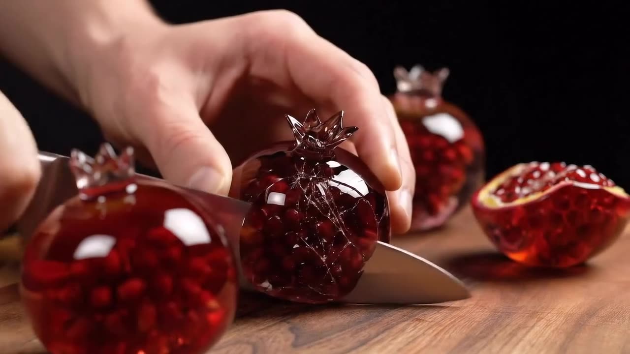 ✨ Watch the perfection unfold as she cuts through a glassy pomegranate with pure precision. 🍷