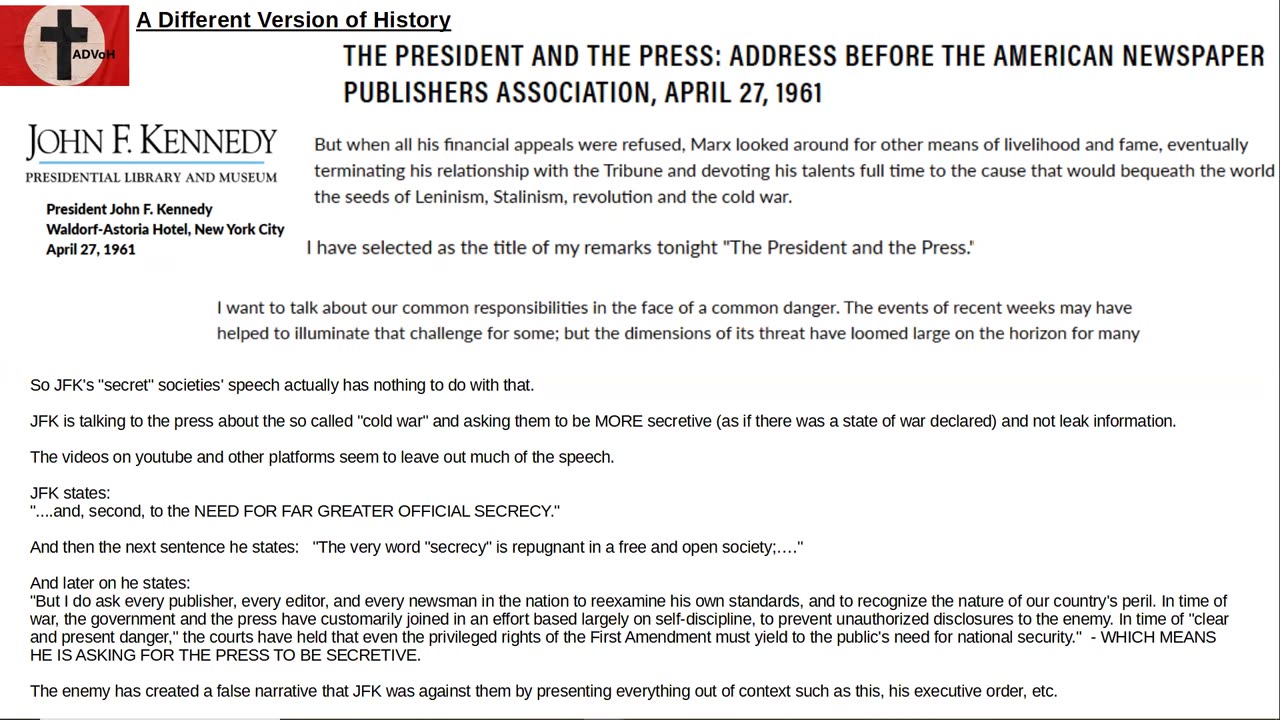 JFK 1961 Speech to the Press ; it is not about secret societies