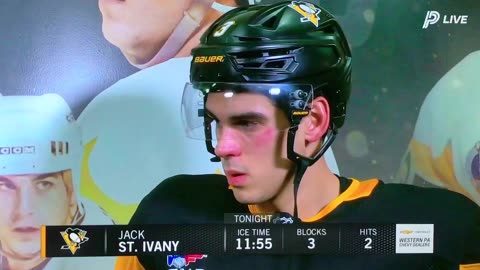 Penguins D #3 Jack St. Ivany in between periods interview.