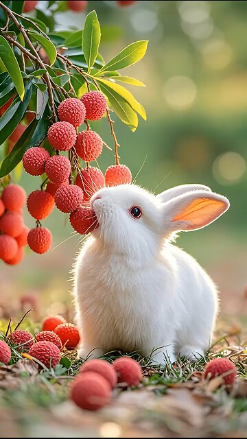 Rabbit eating strawberries