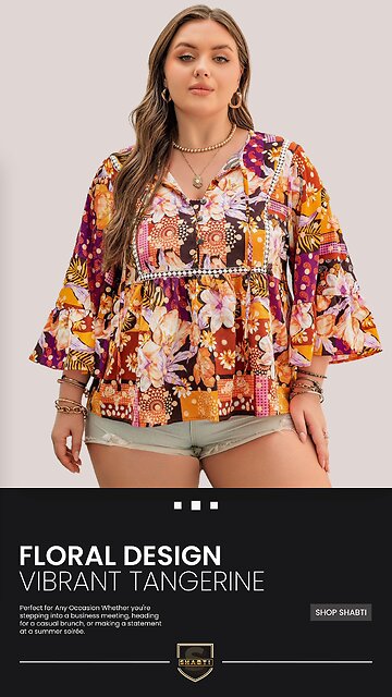 Curvy+ Elegance - Tangerine Floral Tie-Neck Blouse🔥