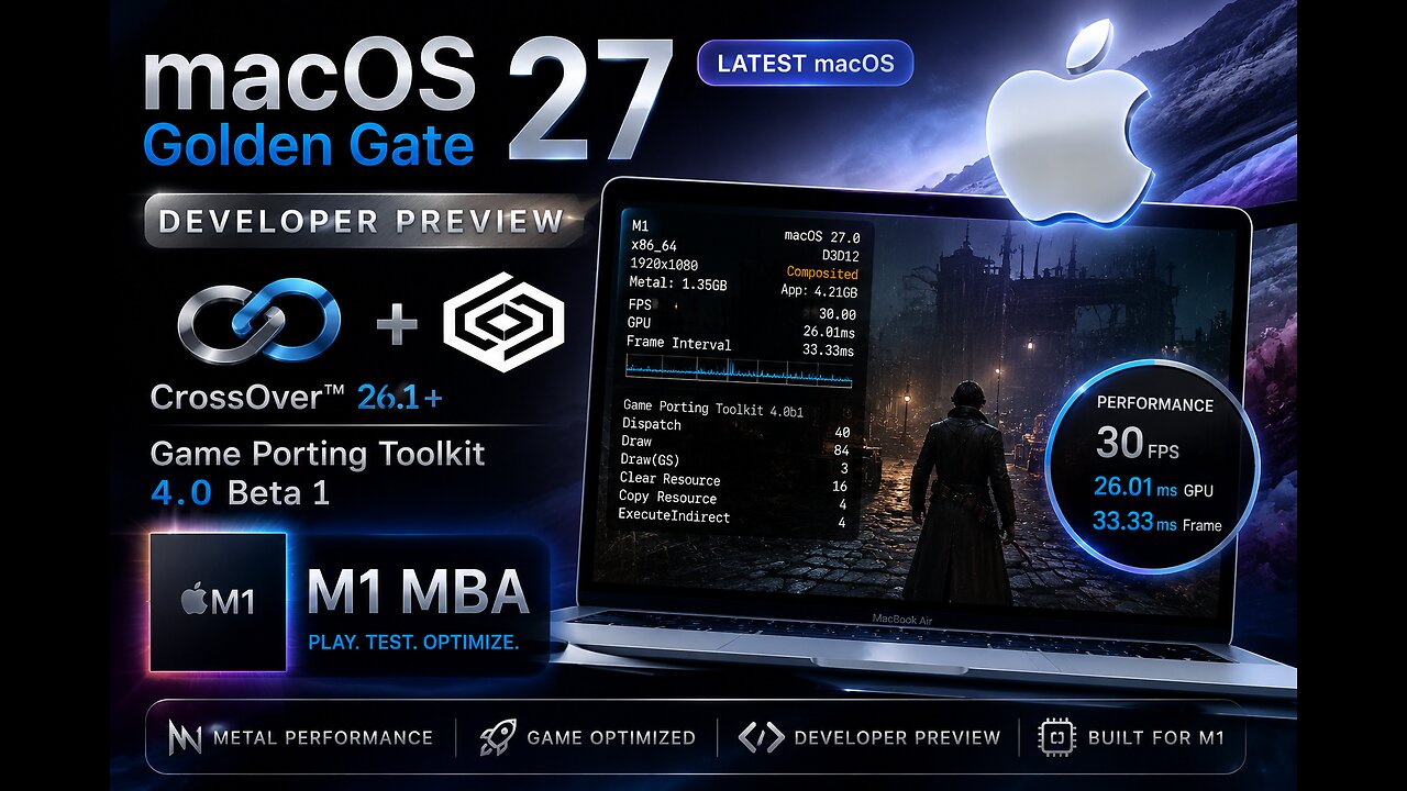 ᴍᴀᴄ🄾🅂2️⃣7️⃣ Golden Gate Developer PREVIEW ❌ CrossOver™️ 26.1+Game Porting Toolkit 4.0 Beta 1💻 M1 MBA