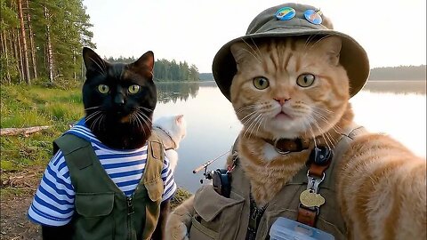 Red cat vlogging while fishing 🐱