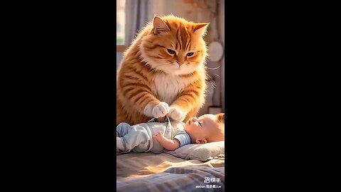 Cat helping cute baby