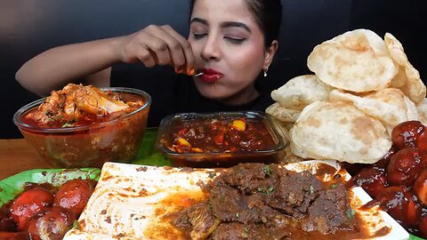 ASMR Eating Spicy Mutton Curry, Chicken Curry, Poori Masala, Egg Fry, Rice Big Bites