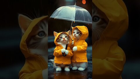 Cute Cats in the Rain Wearing Adorable Raincoats