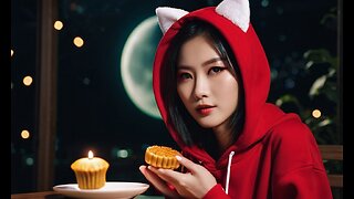 East Asian girl with a Red Cat Ear Hoodie Eating Moon Cake