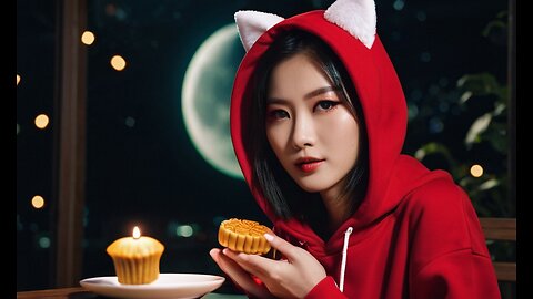 East Asian girl with a Red Cat Ear Hoodie Eating Moon Cake