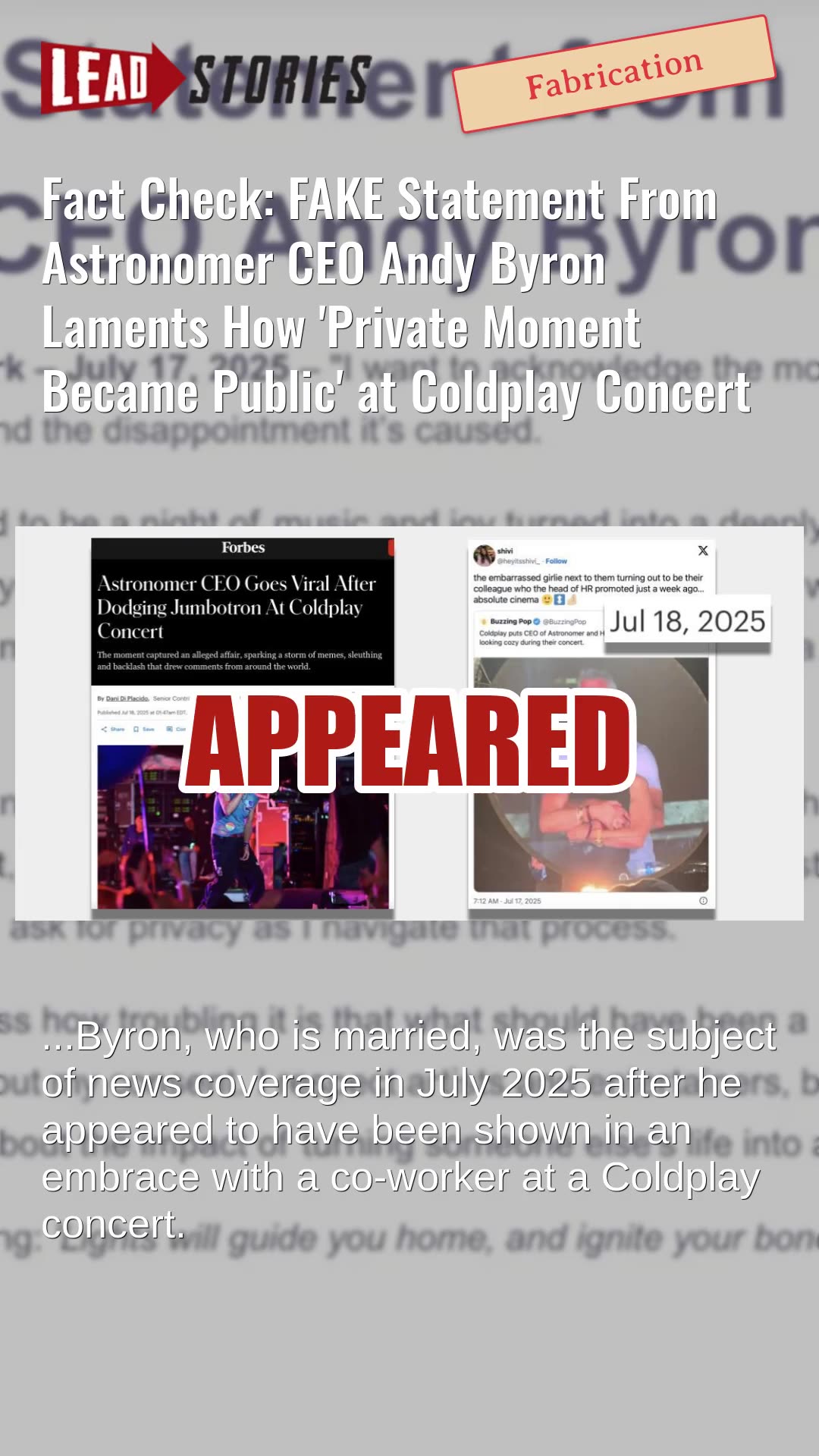 Fact Check: FAKE Statement From Astronomer CEO Andy Byron About Private Moment at Coldplay Concert
