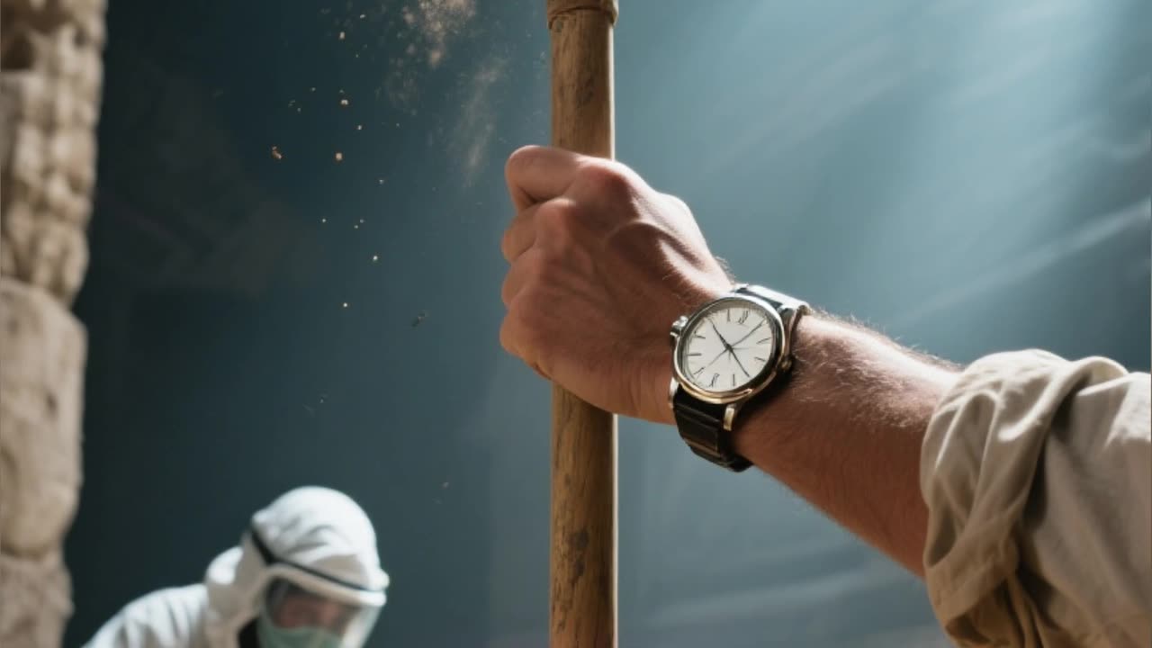 Um relógio moderno em tumba ancestral in Portuguese