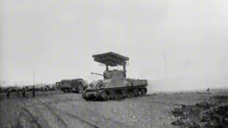 T34 Calliope rocket launcher mounted on an M4 Sherman tank in action in 1945