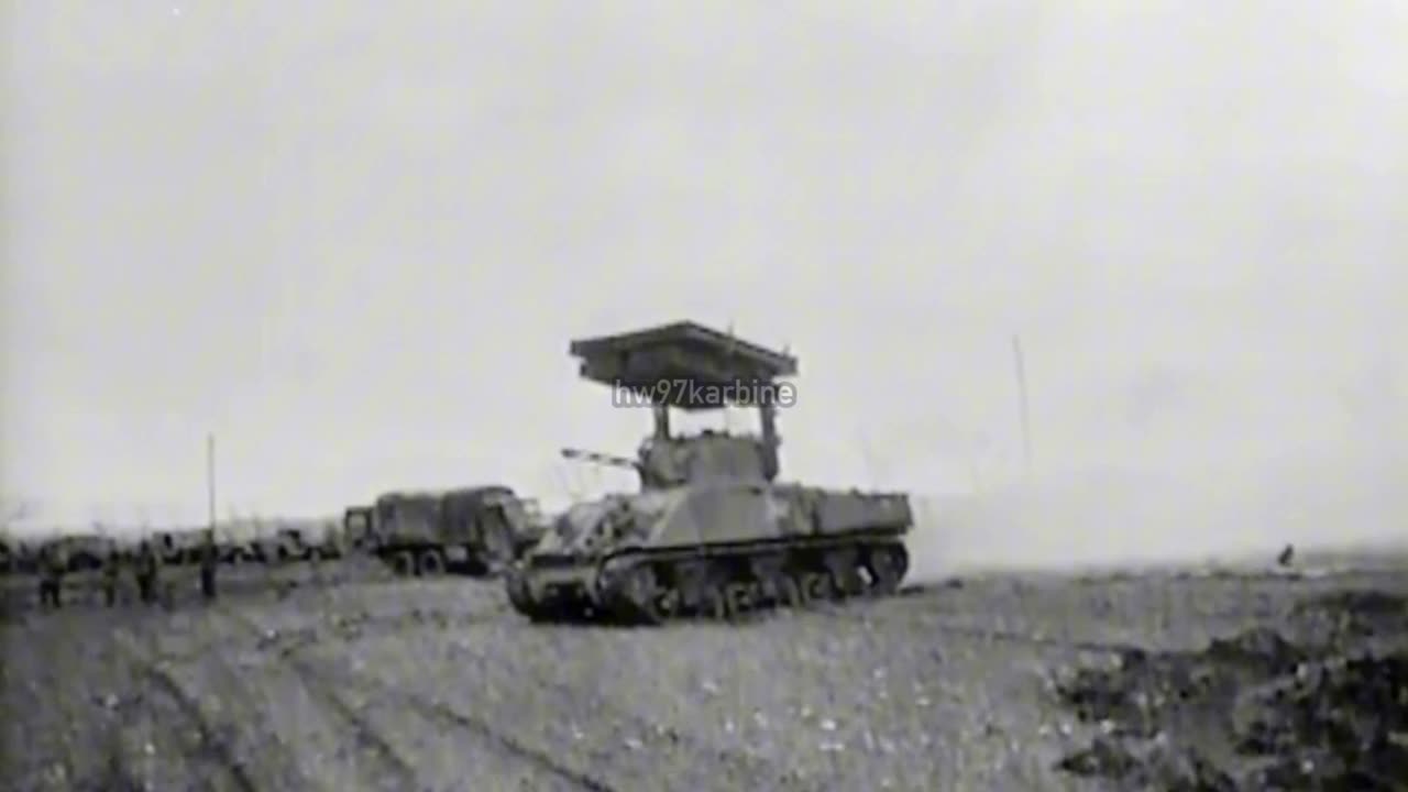 T34 Calliope rocket launcher mounted on an M4 Sherman tank in action in 1945