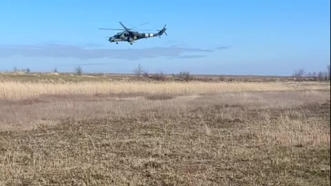 Three Ukrainian Mi24 Helicopters Firing Rockets into Russian Lines