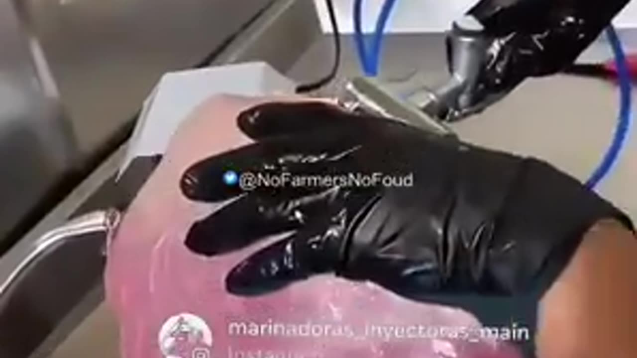 Meat being injected with a plumping solution made of water, salts, phosphates and preservatives