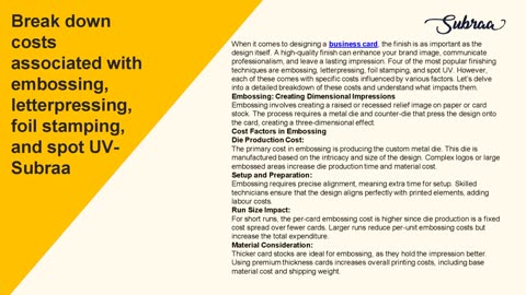 Break down costs associated with embossing, letterpressing, foil stamping, and spot UV-Subraa